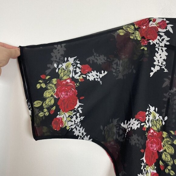 Floral Rose Kimono Short Sleeve Sheer Cardigan Size Small Black Red - Picture 2 of 5